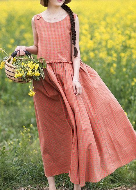 Natural O-Neck Summer Wardrobes Outfits Orange Plaid Sleeveless Dresses - Omychic