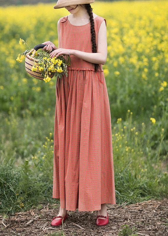 Natural O-Neck Summer Wardrobes Outfits Orange Plaid Sleeveless Dresses - Omychic