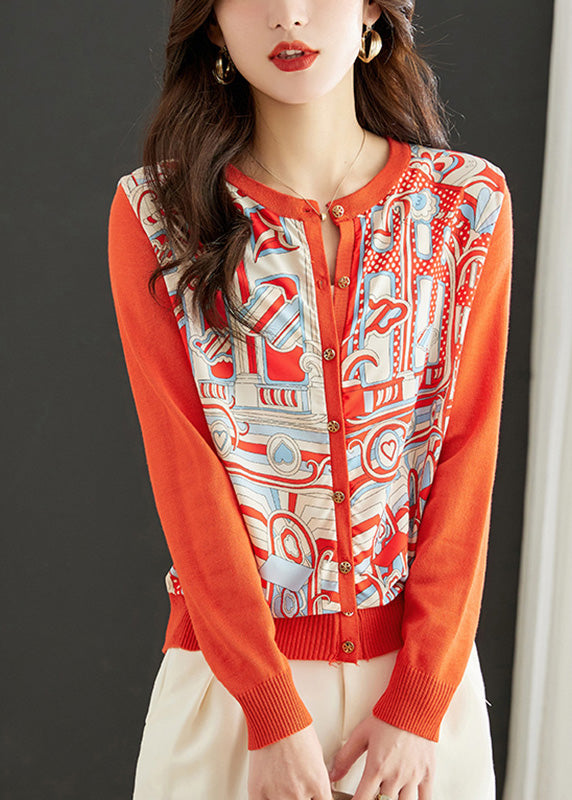 Natural Orange O-Neck Print Button Knit Tops Spring