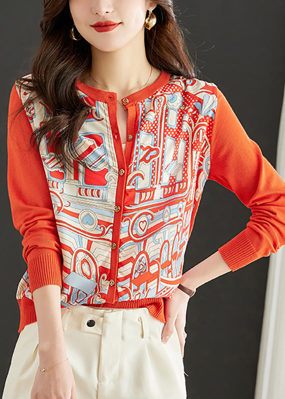 Natural Orange O-Neck Print Button Knit Tops Spring