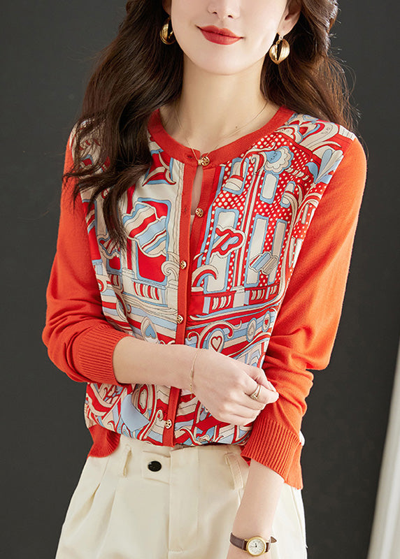 Natural Orange O-Neck Print Button Knit Tops Spring