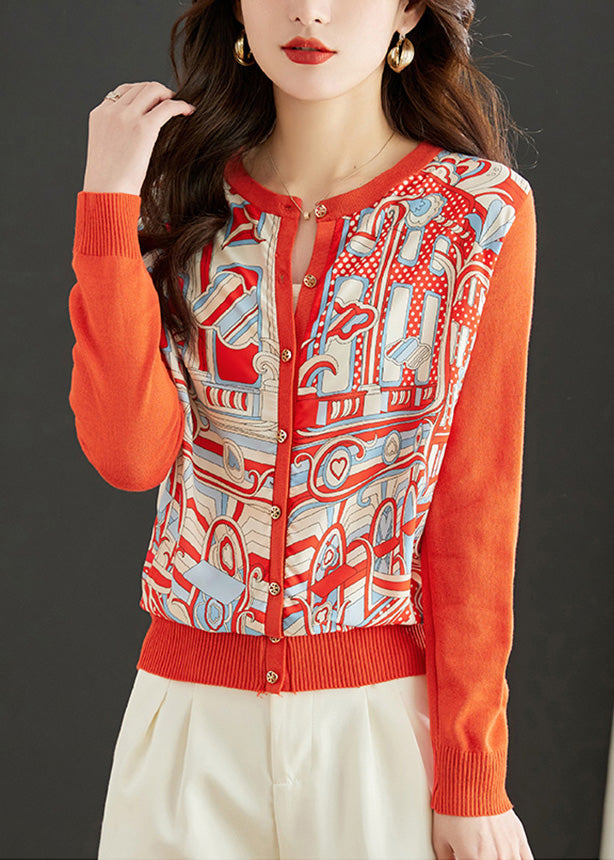 Natural Orange O-Neck Print Button Knit Tops Spring