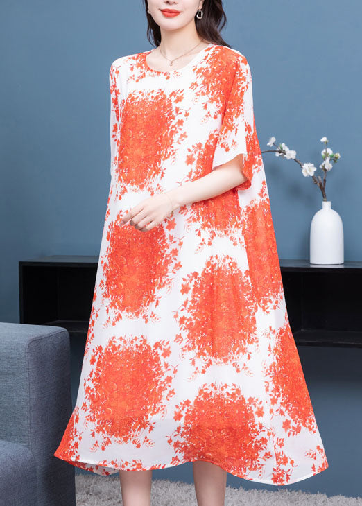 Natural Orange O Neck Print Patchwork Chiffon Loose Dress Summer