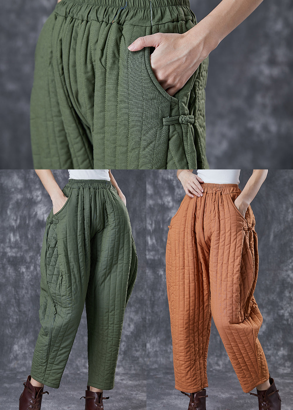 Natural Orange Oversized Chinese Button Fine Cotton Filled Pants Winter