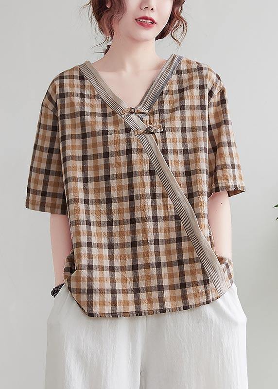 Natural Orange Plaid Oriental Cotton Linen Summer Shirt Tops - Omychic