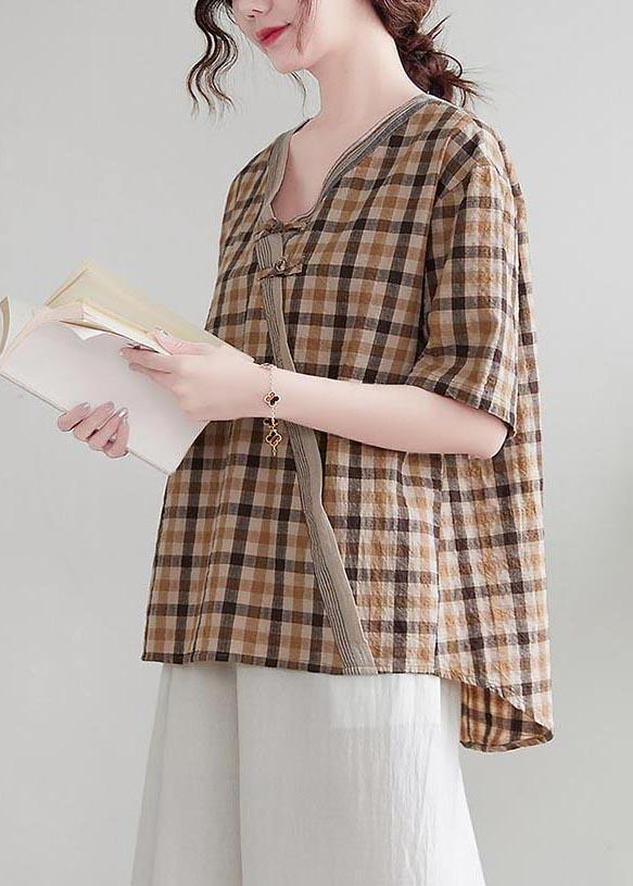 Natural Orange Plaid Oriental Cotton Linen Summer Shirt Tops - Omychic