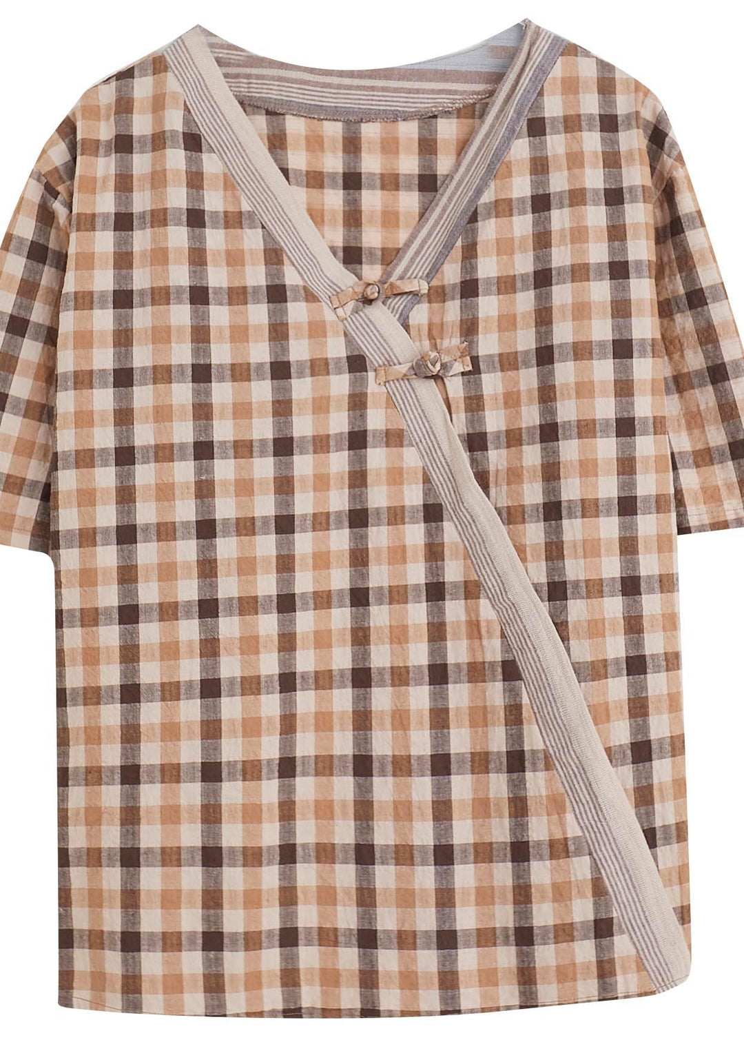 Natural Orange Plaid Oriental Cotton Linen Summer Shirt Tops - Omychic