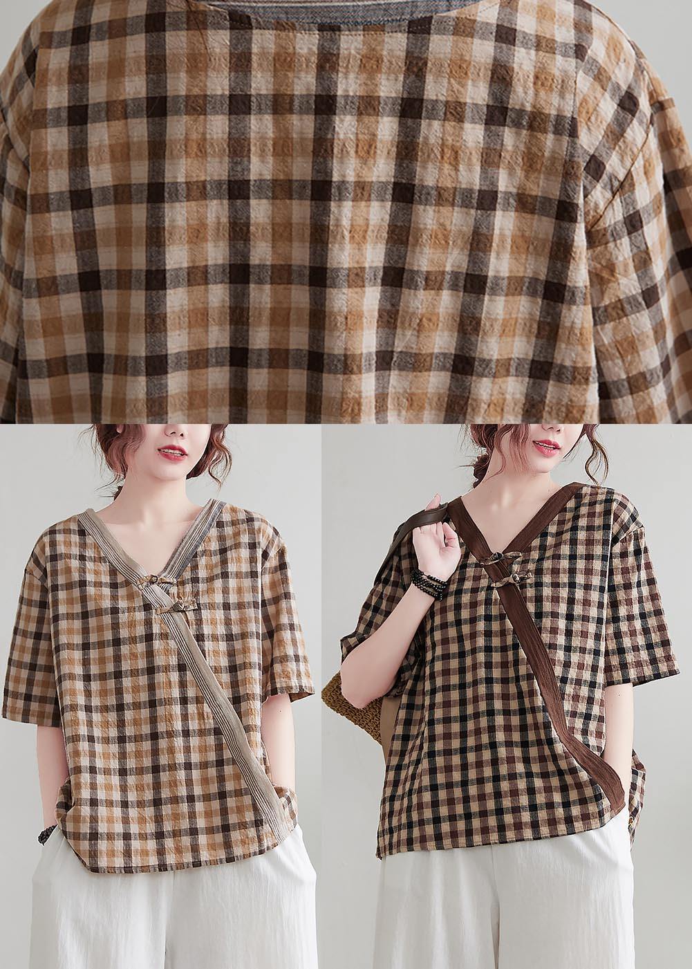 Natural Orange Plaid Oriental Cotton Linen Summer Shirt Tops - Omychic