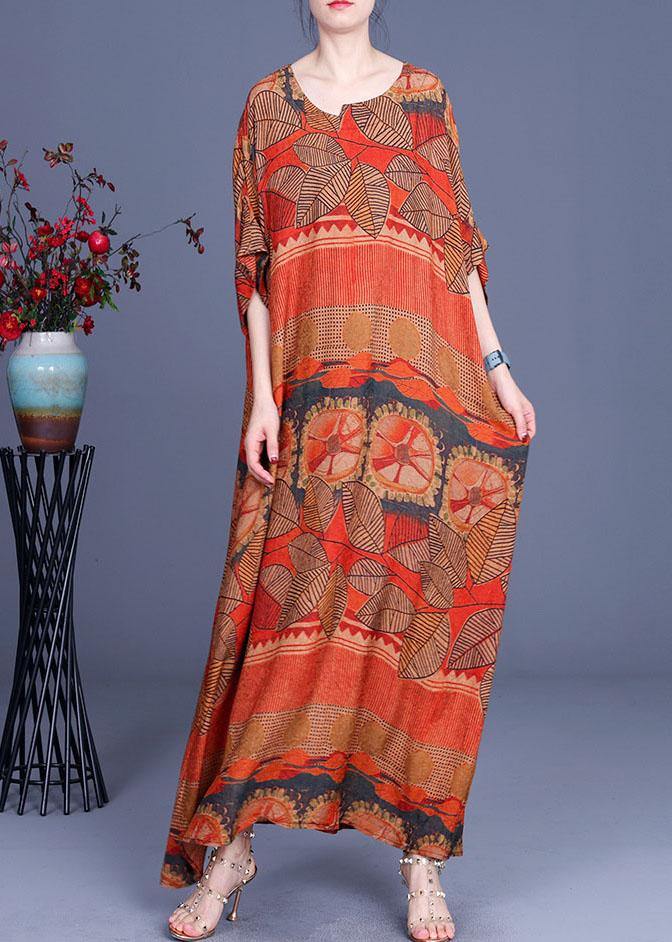 Natural Orange Print O-Neck Asymmetrical Design Summer Silk Maxi Dresses - Omychic