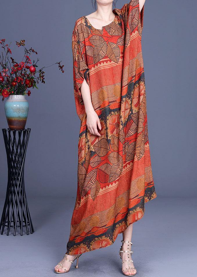 Natural Orange Print O-Neck Asymmetrical Design Summer Silk Maxi Dresses - Omychic