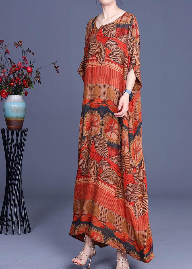 Natural Orange Print O-Neck Asymmetrical Design Summer Silk Maxi Dresses - Omychic