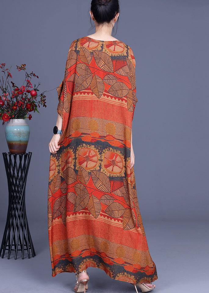 Natural Orange Print O-Neck Asymmetrical Design Summer Silk Maxi Dresses - Omychic