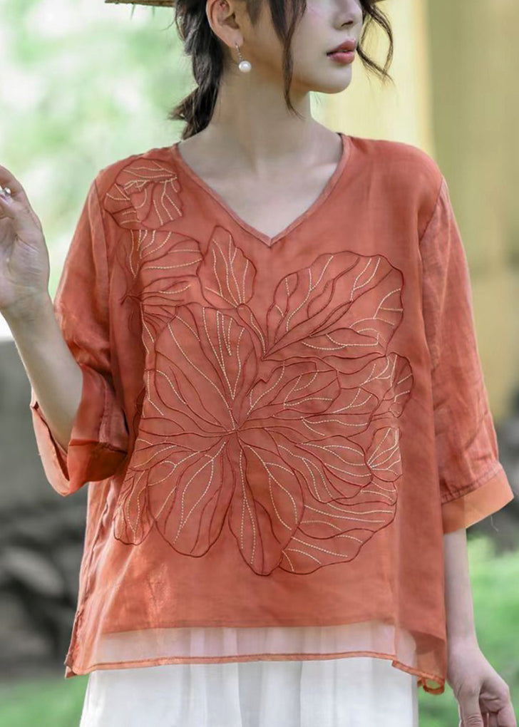 Natural Orange V Neck Embroideried Patchwork Linen T Shirt Half Sleeve