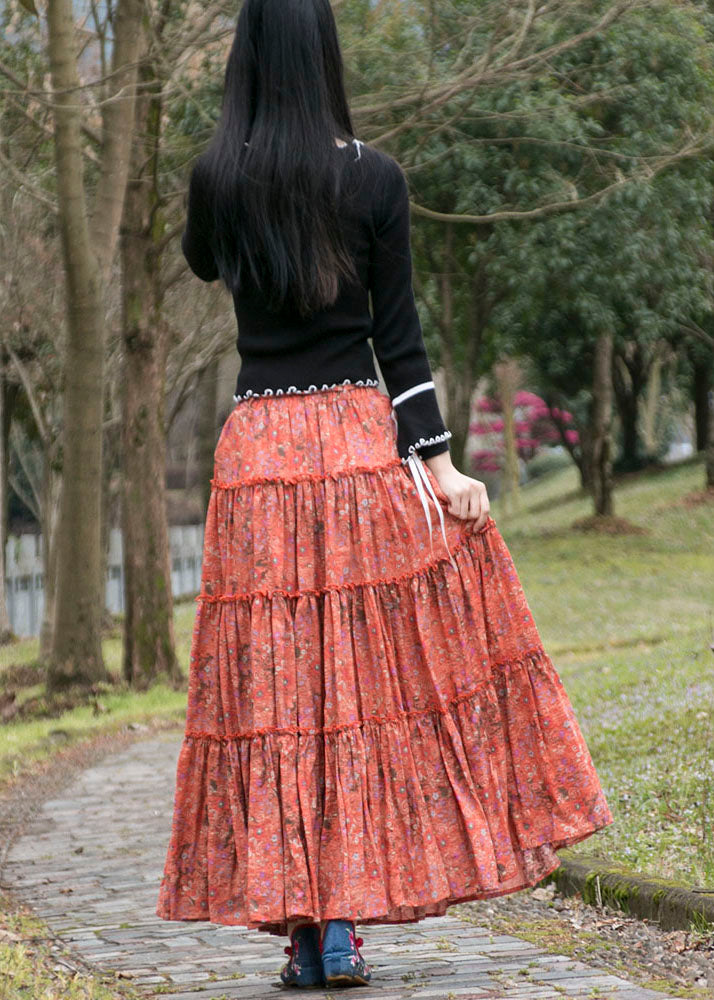 Natural Orange Wrinkled Print Lace Up Patchwork Cotton Skirts Summer