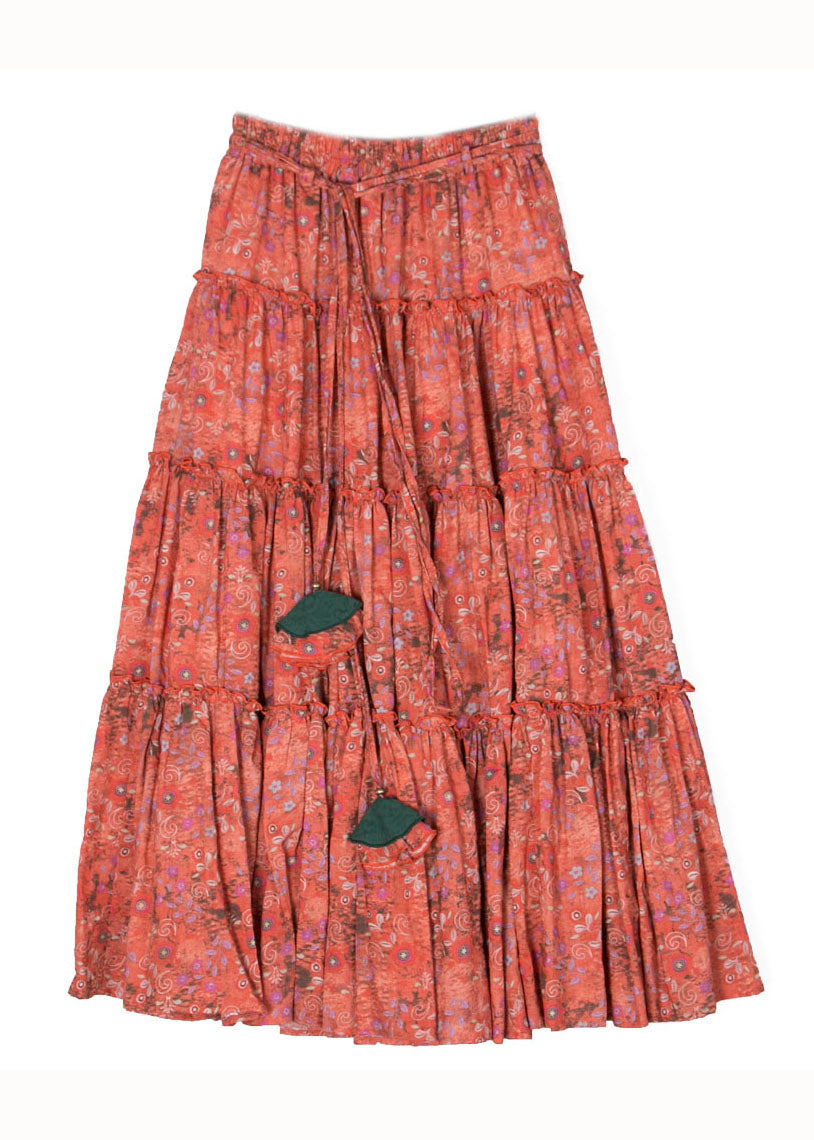 Natural Orange Wrinkled Print Lace Up Patchwork Cotton Skirts Summer