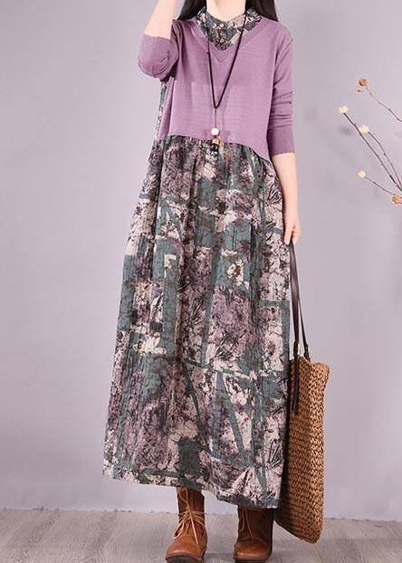 Natural Patchwork Spring Clothes Fabrics Purple Print Loose Dress - Omychic