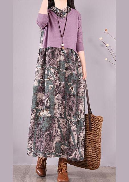 Natural Patchwork Spring Clothes Fabrics Purple Print Loose Dress - Omychic