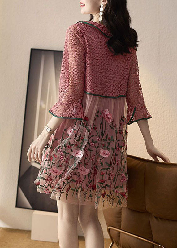 Natural Pink Embroideried Patchwork Tulle Mid Dress Spring