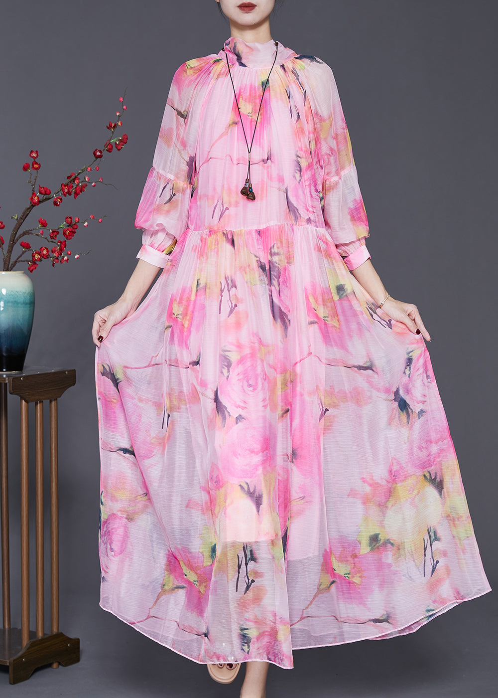 Natural Pink Print Exra Large Hem Chiffon Vacation Dress Spring