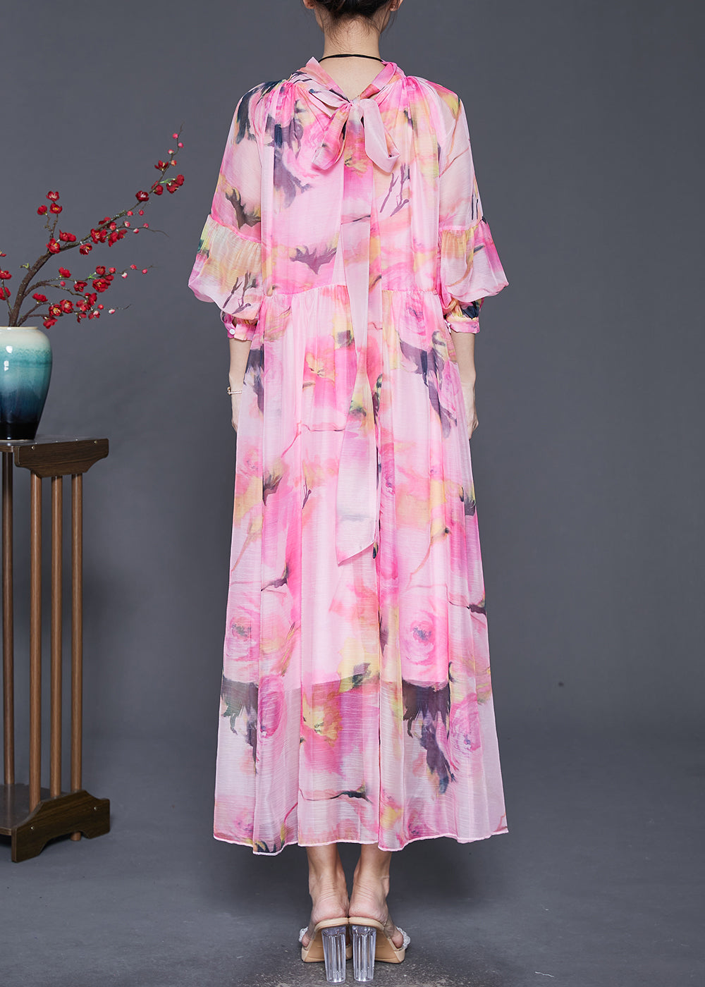 Natural Pink Print Exra Large Hem Chiffon Vacation Dress Spring