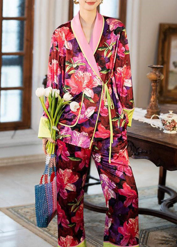 Natural Pink Red Patchwork Print Lace Up Ice Silk Pajamas Two Piece Set Spring