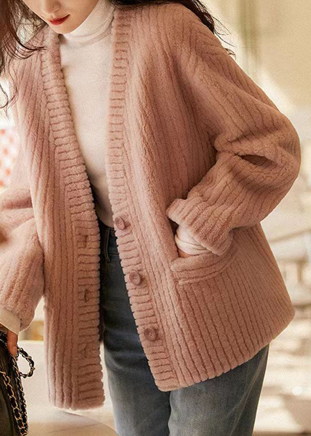 Natural Pink V Neck Pockets Patchwork Wool Coat Winter