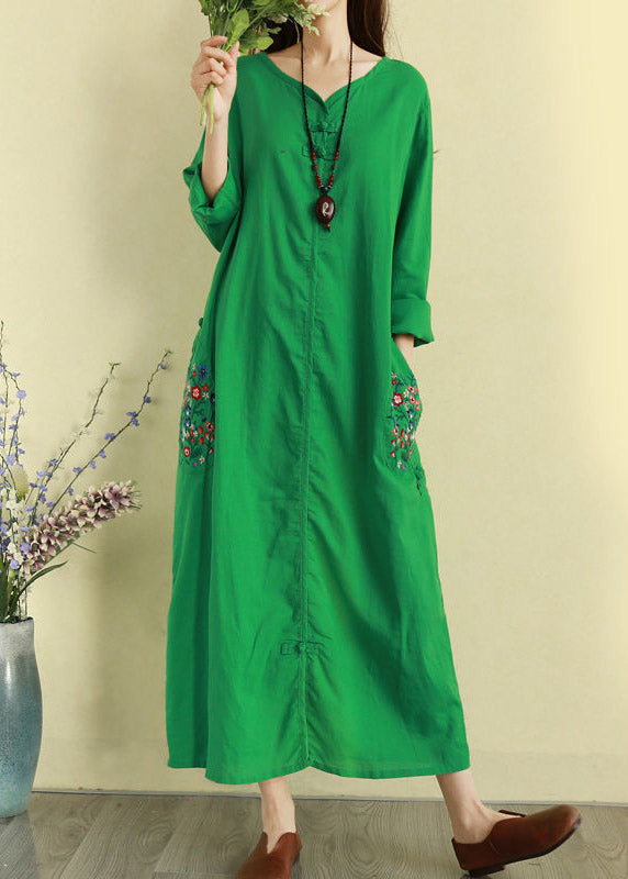 Natural Purple Embroideried Pockets Patchwork Linen Long Dresses Fall