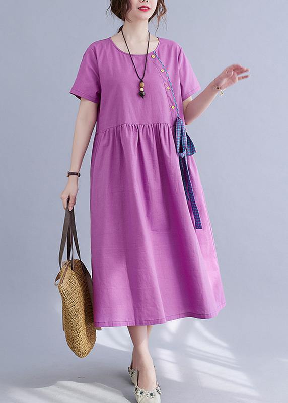 Natural Purple O-Neck Linen Summer Cotton Dress - Omychic