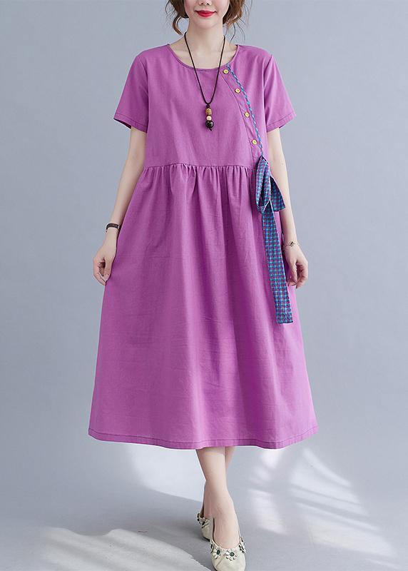 Natural Purple O-Neck Linen Summer Cotton Dress - Omychic