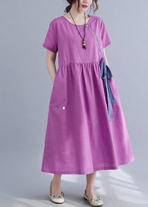 Natural Purple O-Neck Linen Summer Cotton Dress - Omychic