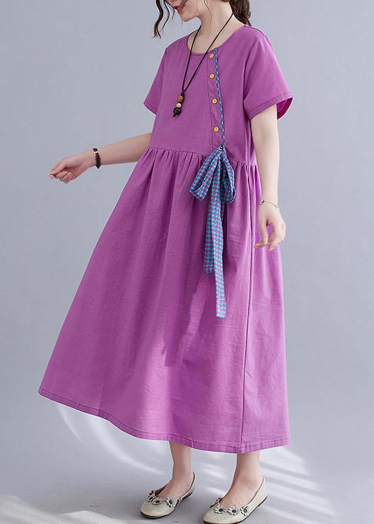 Natural Purple O-Neck Linen Summer Cotton Dress - Omychic