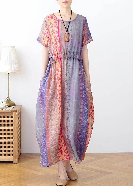 Natural Purple Print Chiffon tie waist Summer Holiday Dress - Omychic