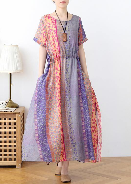 Natural Purple Print Chiffon tie waist Summer Holiday Dress - Omychic