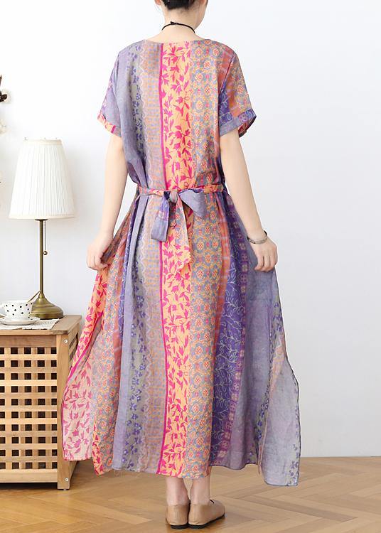 Natural Purple Print Chiffon tie waist Summer Holiday Dress - Omychic