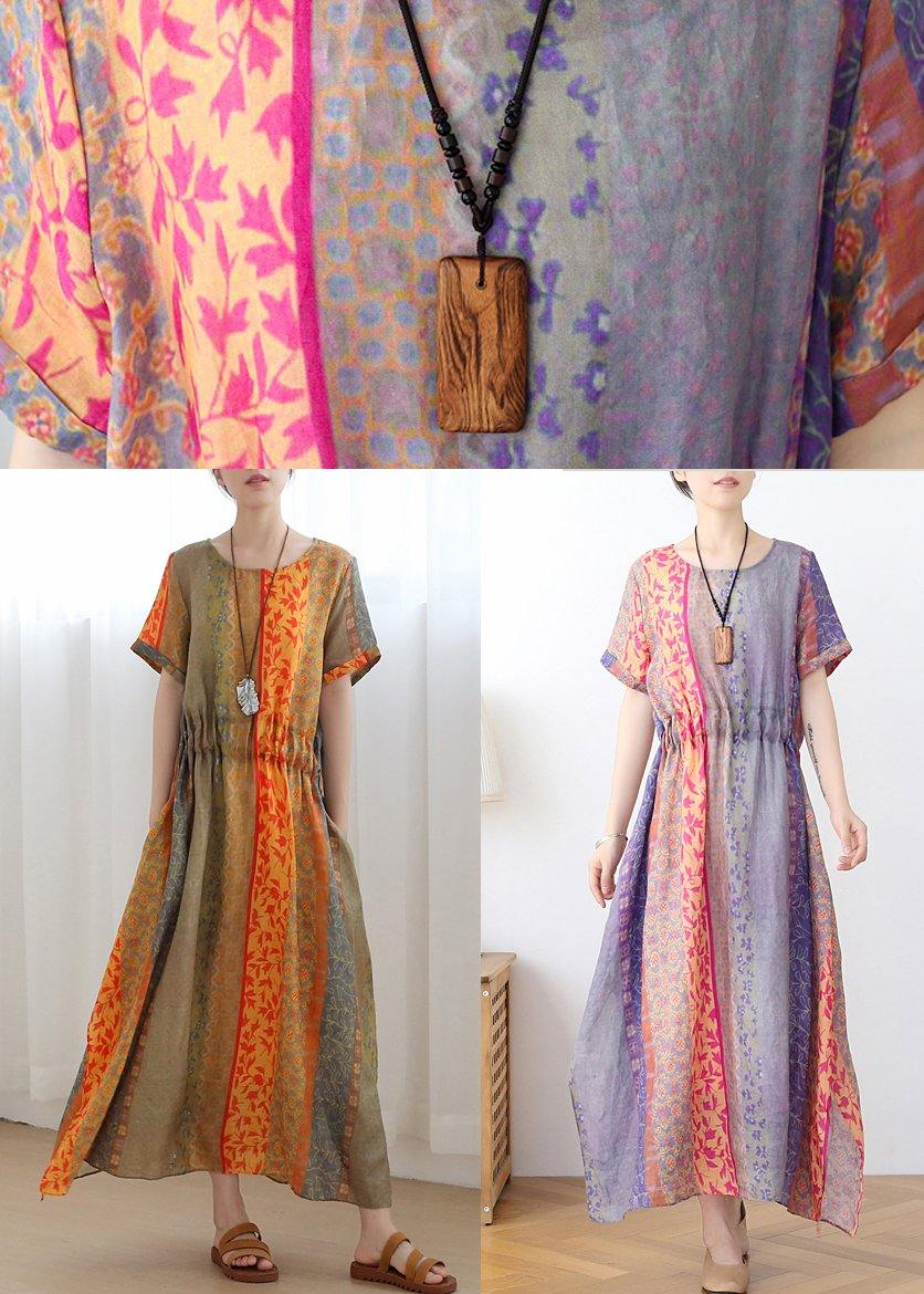 Natural Purple Print Chiffon tie waist Summer Holiday Dress - Omychic