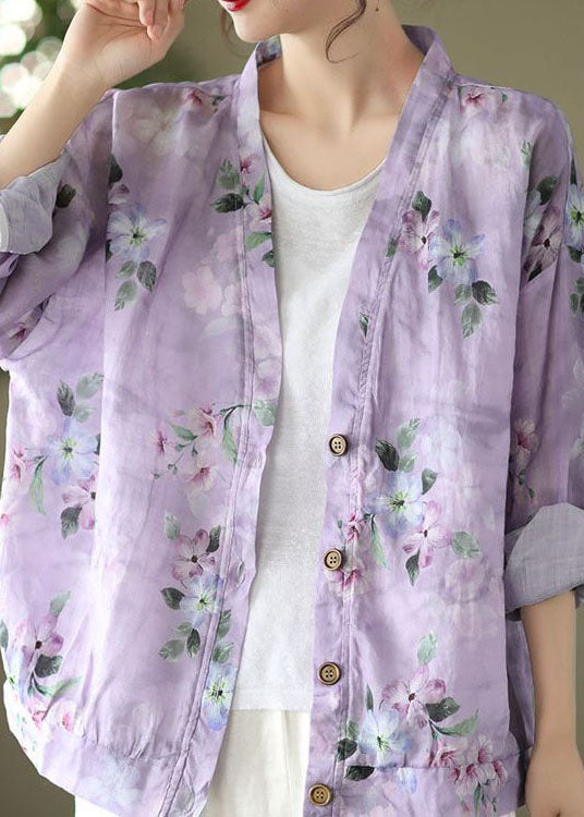 Natural Purple V Neck Print Cotton Blouses Spring