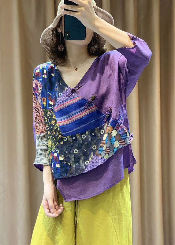 Natural Purple V Neck asymmetrical design print Shirt tops Spring