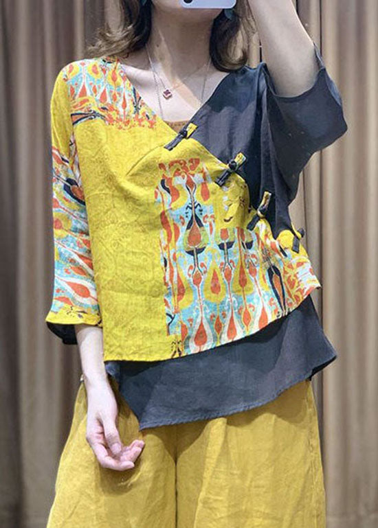 Natural Purple V Neck asymmetrical design print Shirt tops Spring