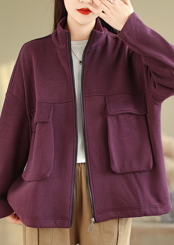 Natural Purple Zip Up Pockets Patchwork Warm Fleece Jackets Fall