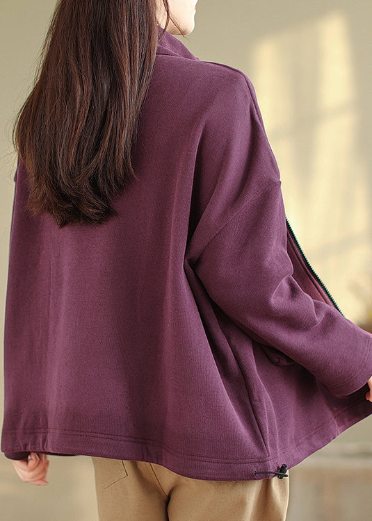 Natural Purple Zip Up Pockets Patchwork Warm Fleece Jackets Fall