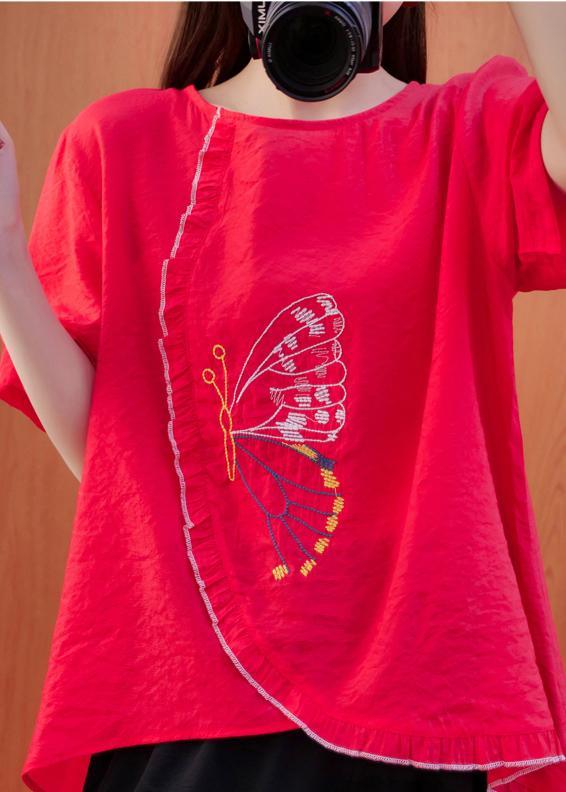 Natural Red Clothes Embroidery Summer Blouse - Omychic