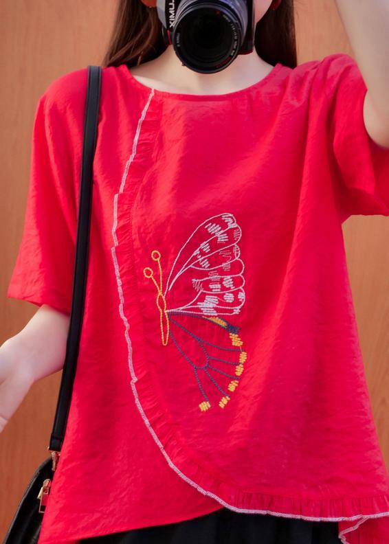 Natural Red Clothes Embroidery Summer Blouse - Omychic