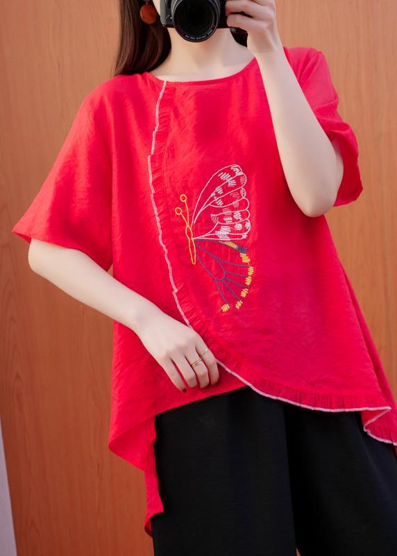 Natural Red Clothes Embroidery Summer Blouse - Omychic