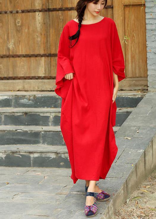 Natural Red Dresses O Neck Batwing Sleeve Kaftan Spring Dresses - Omychic