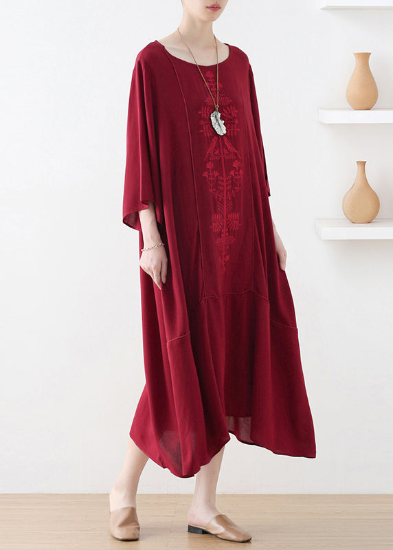 Natural Red O-Neck Print Draping Long Dress Fall