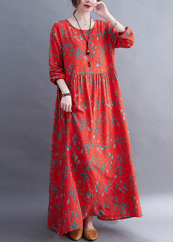 Natural Red O-Neck Print Maxi Dress Long Sleeve