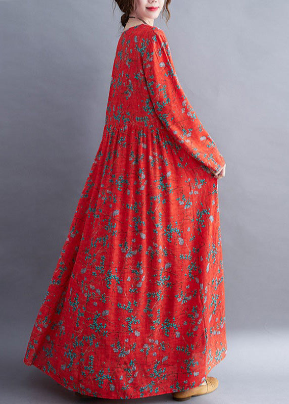 Natural Red O-Neck Print Maxi Dress Long Sleeve