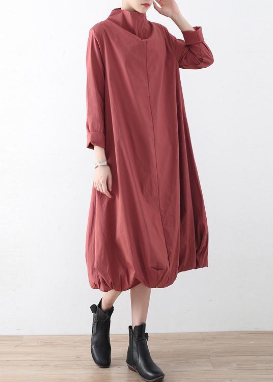 Natural Red Stand Asymmetrical Design Fall Cotton Long Dress - Omychic