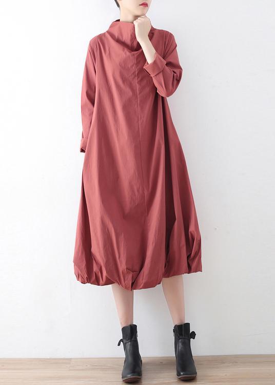 Natural Red Stand Asymmetrical Design Fall Cotton Long Dress - Omychic
