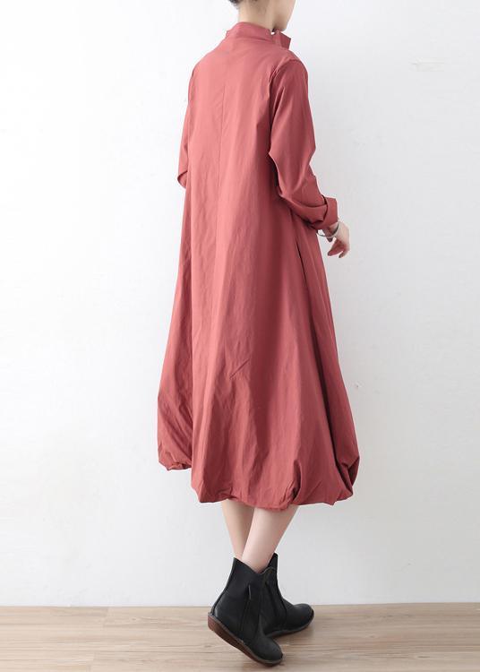 Natural Red Stand Asymmetrical Design Fall Cotton Long Dress - Omychic